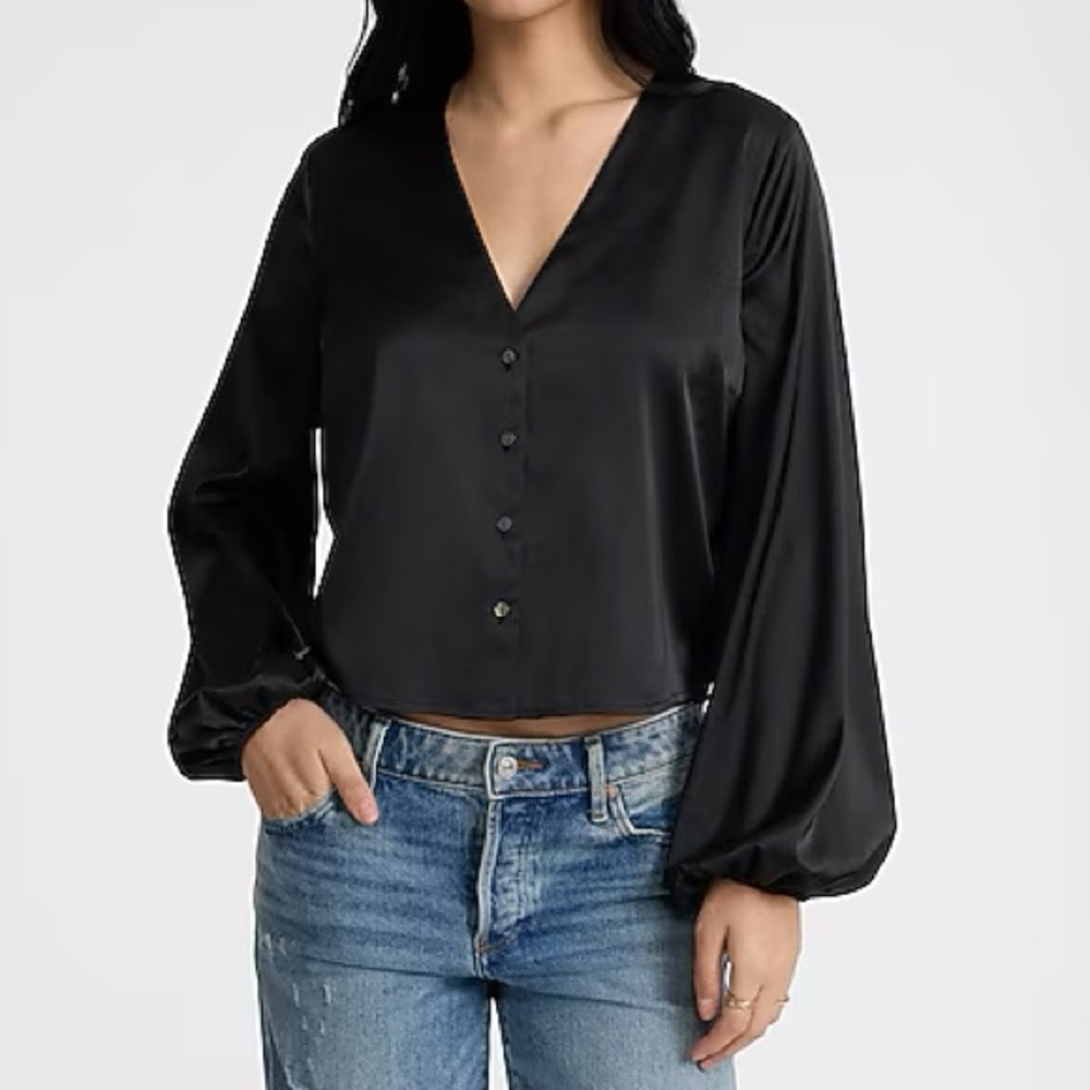 V-Neck Balloon Sleeve Button Up Shirt